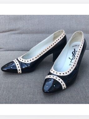 YSL Vintage Patent Spectator Pump in Ivory & Black